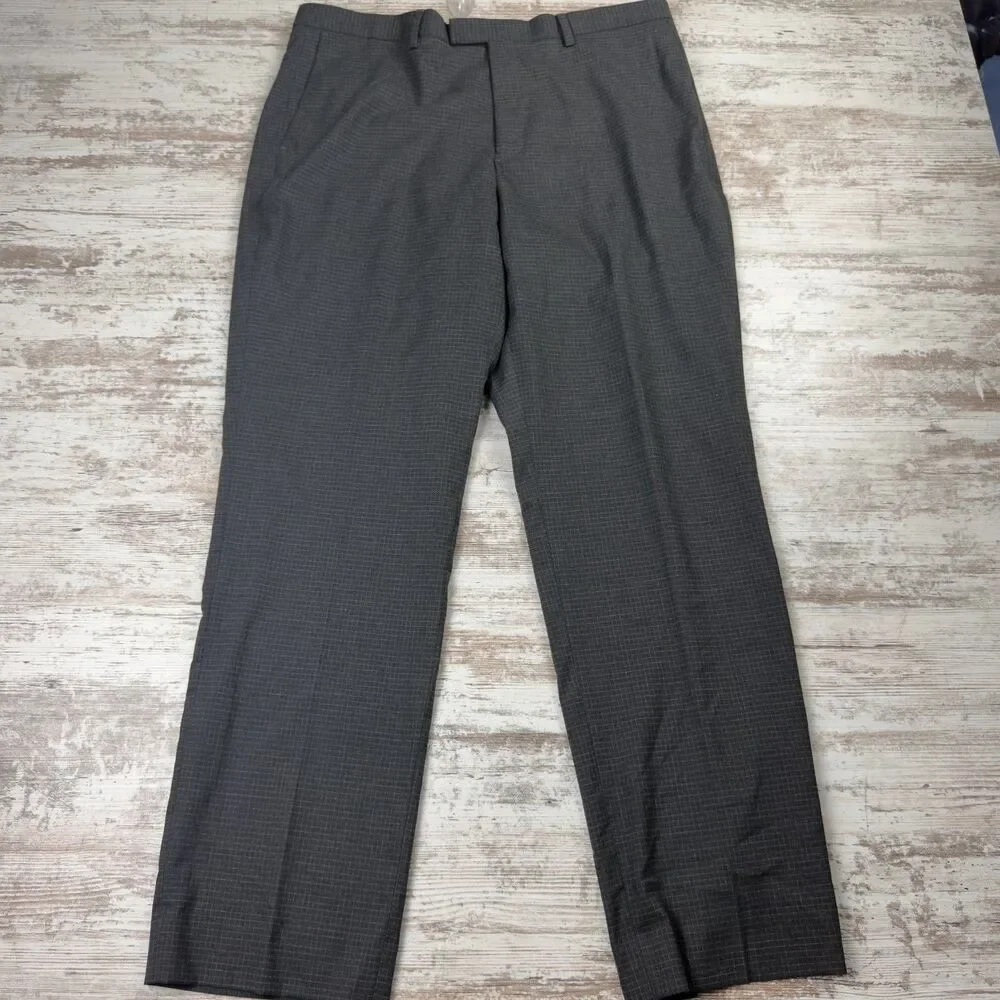 Banana Republic Men 2pc Suit 44R 36x31 Gray Grid Check Slim Fit Polyester Rayon